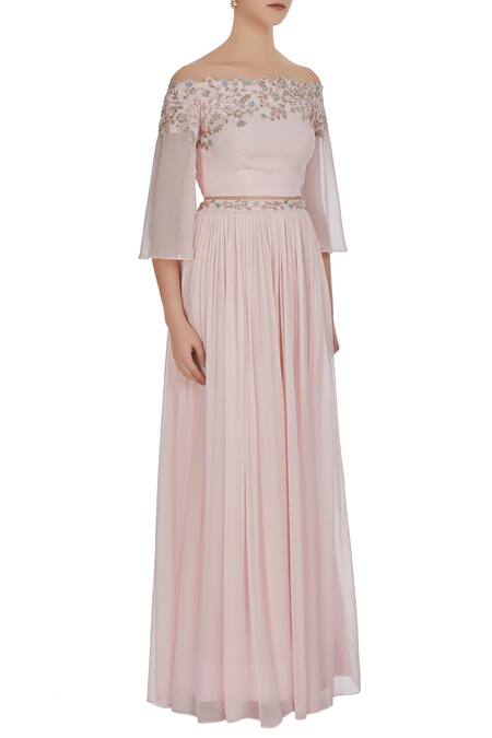 Pooja Peshoria Pink Georgette Embroidered Crystal Off Shoulder And Cutdana Blouse With Lehenga Online at Aza Fashions Pooja Peshoria_Pink Georgette Embroidered Crystal Off Shoulder And Cutdana Blouse With Lehenga _Online_at_Aza_Fashions