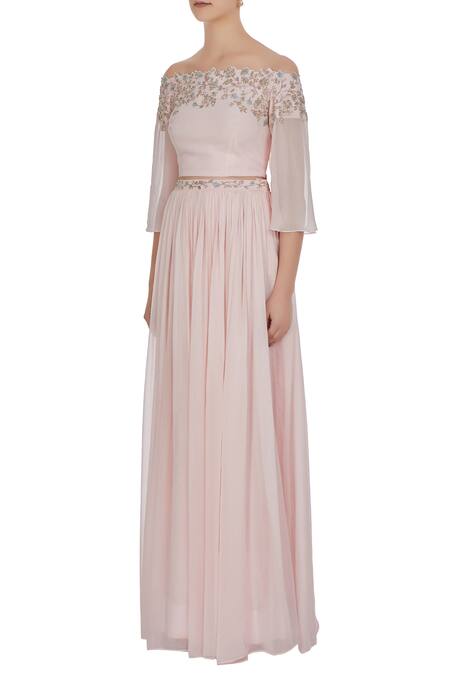 Buy Pooja Peshoria Pink Georgette Embroidered Crystal Off Shoulder And Cutdana Blouse With Lehenga Online at Aza Fashions Buy_Pooja Peshoria_Pink Georgette Embroidered Crystal Off Shoulder And Cutdana Blouse With Lehenga _Online_at_Aza_Fashions