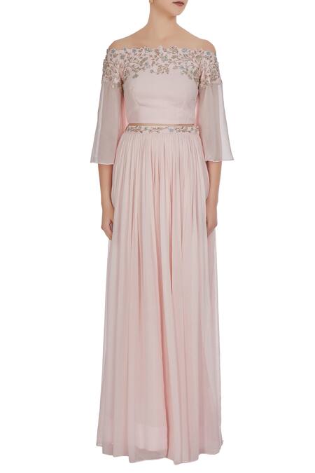 Shop Pooja Peshoria Pink Georgette Embroidered Crystal Off Shoulder And Cutdana Blouse With Lehenga Online at Aza Fashions Shop_Pooja Peshoria_Pink Georgette Embroidered Crystal Off Shoulder And Cutdana Blouse With Lehenga _Online_at_Aza_Fashions