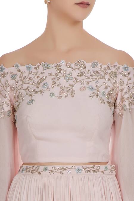 Pooja Peshoria Pink Georgette Embroidered Crystal Off Shoulder And Cutdana Blouse With Lehenga at Aza Fashions Pooja Peshoria_Pink Georgette Embroidered Crystal Off Shoulder And Cutdana Blouse With Lehenga _at_Aza_Fashions