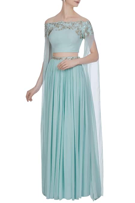 Pooja Peshoria Blue Georgette Embellished Gota And Bead & Sequin Hand Embroidered Lehenga Set 