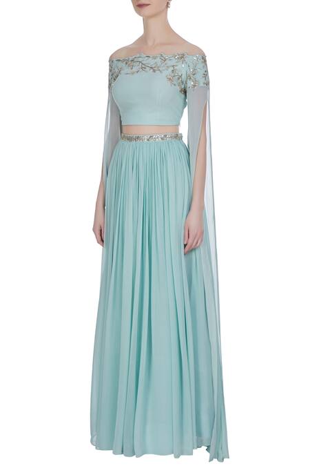 Buy Pooja Peshoria Blue Georgette Embellished Gota And Bead & Sequin Hand Embroidered Lehenga Set Online at Aza Fashions Buy_Pooja Peshoria_Blue Georgette Embellished Gota And Bead & Sequin Hand Embroidered Lehenga Set _Online_at_Aza_Fashions