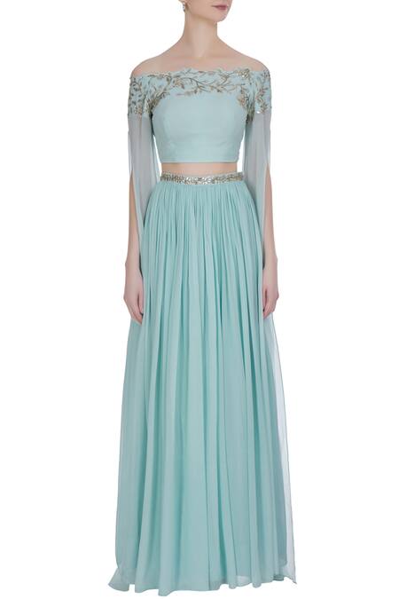 Shop Pooja Peshoria Blue Georgette Embellished Gota And Bead & Sequin Hand Embroidered Lehenga Set Online at Aza Fashions Shop_Pooja Peshoria_Blue Georgette Embellished Gota And Bead & Sequin Hand Embroidered Lehenga Set _Online_at_Aza_Fashions