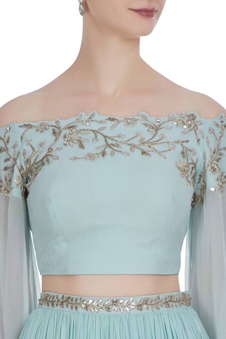 Pooja Peshoria Blue Georgette Embellished Gota And Bead & Sequin Hand Embroidered Lehenga Set at Aza Fashions Pooja Peshoria_Blue Georgette Embellished Gota And Bead & Sequin Hand Embroidered Lehenga Set _at_Aza_Fashions