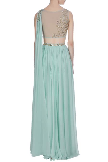 Shop Pooja Peshoria Blue Georgette Embroidered Mukaish And Cut & Hand Draped Blouse With Lehenga at Aza Fashions Shop_Pooja Peshoria_Blue Georgette Embroidered Mukaish And Cut & Hand Draped Blouse With Lehenga _at_Aza_Fashions