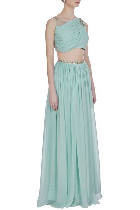 Pooja Peshoria Blue Georgette Embroidered Mukaish And Cut & Hand Draped Blouse With Lehenga Online at Aza Fashions Pooja Peshoria_Blue Georgette Embroidered Mukaish And Cut & Hand Draped Blouse With Lehenga _Online_at_Aza_Fashions