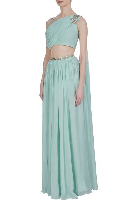 Buy Pooja Peshoria Blue Georgette Embroidered Mukaish And Cut & Hand Draped Blouse With Lehenga Online at Aza Fashions Buy_Pooja Peshoria_Blue Georgette Embroidered Mukaish And Cut & Hand Draped Blouse With Lehenga _Online_at_Aza_Fashions