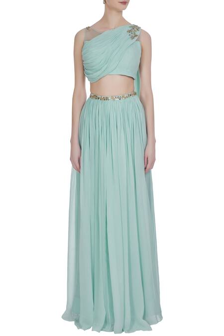 Shop Pooja Peshoria Blue Georgette Embroidered Mukaish And Cut & Hand Draped Blouse With Lehenga Online at Aza Fashions Shop_Pooja Peshoria_Blue Georgette Embroidered Mukaish And Cut & Hand Draped Blouse With Lehenga _Online_at_Aza_Fashions