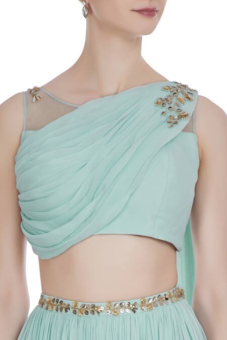 Pooja Peshoria Blue Georgette Embroidered Mukaish And Cut & Hand Draped Blouse With Lehenga at Aza Fashions Pooja Peshoria_Blue Georgette Embroidered Mukaish And Cut & Hand Draped Blouse With Lehenga _at_Aza_Fashions