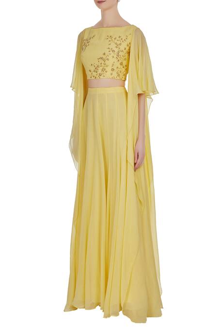 Buy_Pooja Peshoria_Yellow Georgette Embroidered Cut Dana Hand And Sequin Draped Blouse With Lehenga _Online_at_Aza_Fashions