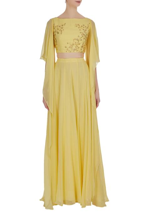 Shop_Pooja Peshoria_Yellow Georgette Embroidered Cut Dana Hand And Sequin Draped Blouse With Lehenga _Online_at_Aza_Fashions
