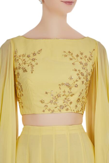 Pooja Peshoria_Yellow Georgette Embroidered Cut Dana Hand And Sequin Draped Blouse With Lehenga _at_Aza_Fashions