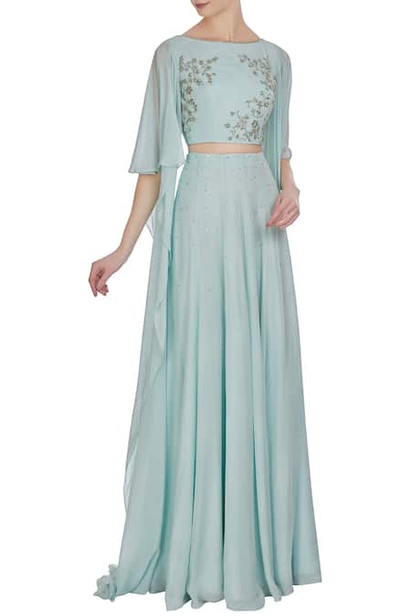 Pooja Peshoria Blue Georgette Embroidered Cut Dana Hand And Sequin Draped Blouse With Lehenga