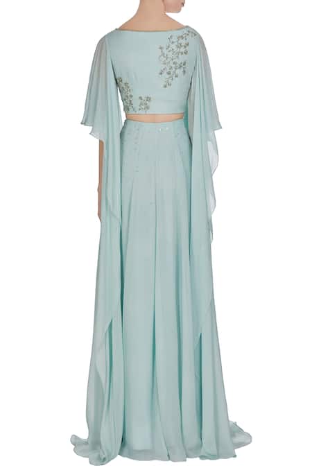Shop Pooja Peshoria Blue Georgette Embroidered Cut Dana Hand And Sequin Draped Blouse With Lehenga at Aza Fashions Shop_Pooja Peshoria_Blue Georgette Embroidered Cut Dana Hand And Sequin Draped Blouse With Lehenga _at_Aza_Fashions