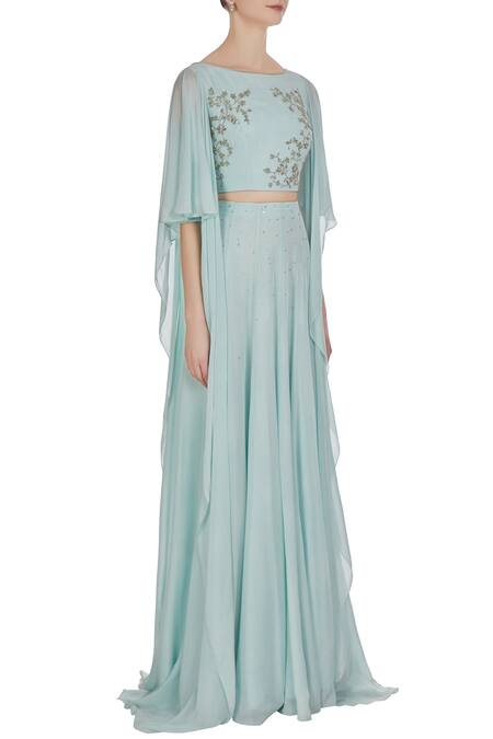 Pooja Peshoria Blue Georgette Embroidered Cut Dana Hand And Sequin Draped Blouse With Lehenga Online at Aza Fashions Pooja Peshoria_Blue Georgette Embroidered Cut Dana Hand And Sequin Draped Blouse With Lehenga _Online_at_Aza_Fashions