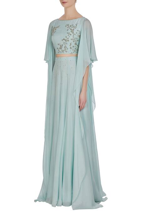 Buy Pooja Peshoria Blue Georgette Embroidered Cut Dana Hand And Sequin Draped Blouse With Lehenga Online at Aza Fashions Buy_Pooja Peshoria_Blue Georgette Embroidered Cut Dana Hand And Sequin Draped Blouse With Lehenga _Online_at_Aza_Fashions