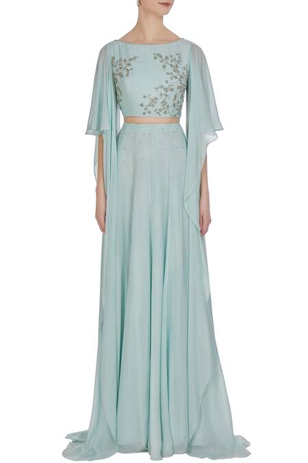 Shop Pooja Peshoria Blue Georgette Embroidered Cut Dana Hand And Sequin Draped Blouse With Lehenga Online at Aza Fashions Shop_Pooja Peshoria_Blue Georgette Embroidered Cut Dana Hand And Sequin Draped Blouse With Lehenga _Online_at_Aza_Fashions