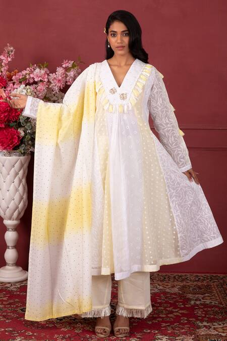 Ruh Clothing White Chanderi, Organic Cotton Tepchi Work V Neck Embroidered Anarkali Set Online at Aza Fashions Ruh Clothing_White Chanderi, Organic Cotton Tepchi Work V Neck Embroidered Anarkali Set _Online_at_Aza_Fashions
