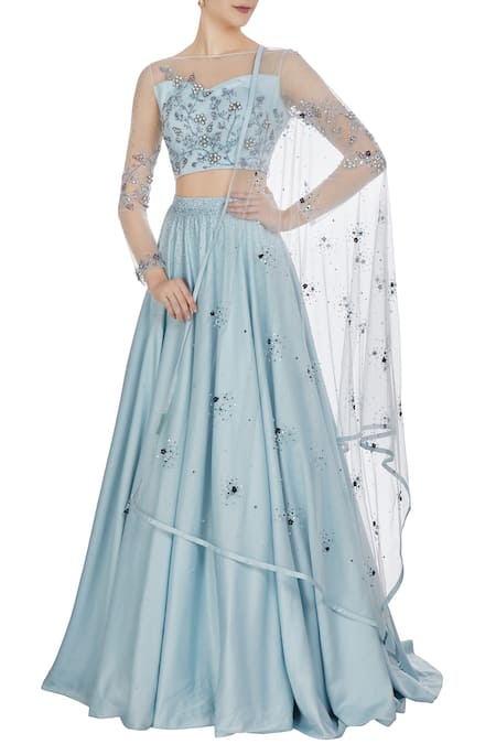 Pooja Peshoria Blue Satin Embroidered Cut Dana Illusion And Net Swarovski & Sequin Lehenga Set