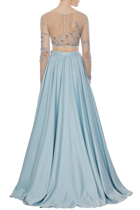 Shop Pooja Peshoria Blue Satin Embroidered Cut Dana Illusion And Net Swarovski & Sequin Lehenga Set at Aza Fashions Shop_Pooja Peshoria_Blue Satin Embroidered Cut Dana Illusion And Net Swarovski & Sequin Lehenga Set _at_Aza_Fashions