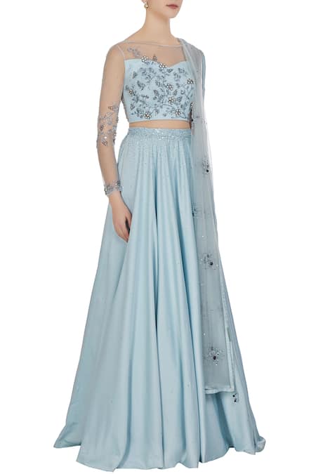 Pooja Peshoria Blue Satin Embroidered Cut Dana Illusion And Net Swarovski & Sequin Lehenga Set Online at Aza Fashions Pooja Peshoria_Blue Satin Embroidered Cut Dana Illusion And Net Swarovski & Sequin Lehenga Set _Online_at_Aza_Fashions
