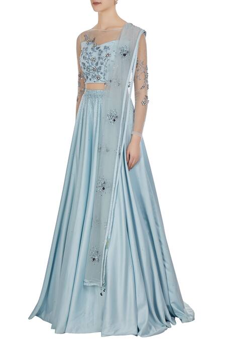 Buy Pooja Peshoria Blue Satin Embroidered Cut Dana Illusion And Net Swarovski & Sequin Lehenga Set Online at Aza Fashions Buy_Pooja Peshoria_Blue Satin Embroidered Cut Dana Illusion And Net Swarovski & Sequin Lehenga Set _Online_at_Aza_Fashions