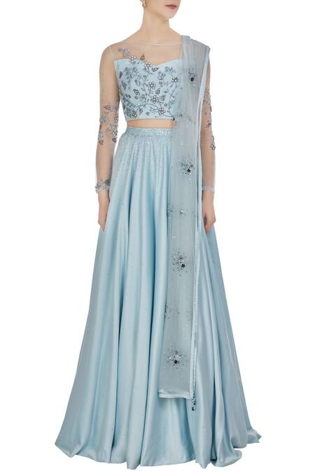 Shop Pooja Peshoria Blue Satin Embroidered Cut Dana Illusion And Net Swarovski & Sequin Lehenga Set Online at Aza Fashions Shop_Pooja Peshoria_Blue Satin Embroidered Cut Dana Illusion And Net Swarovski & Sequin Lehenga Set _Online_at_Aza_Fashions