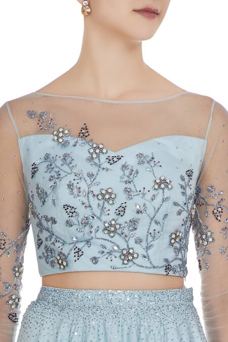 Pooja Peshoria Blue Satin Embroidered Cut Dana Illusion And Net Swarovski & Sequin Lehenga Set at Aza Fashions Pooja Peshoria_Blue Satin Embroidered Cut Dana Illusion And Net Swarovski & Sequin Lehenga Set _at_Aza_Fashions