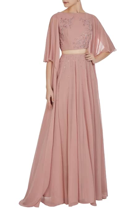 Pooja Peshoria Pink Georgette Embroidered Draped Sleeves Crop Top With High Waist Pleated Skirt 