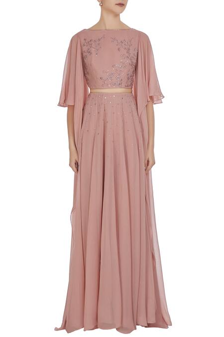 Shop_Pooja Peshoria_Pink Georgette Embroidered Draped Sleeves Crop Top With High Waist Pleated Skirt _Online_at_Aza_Fashions