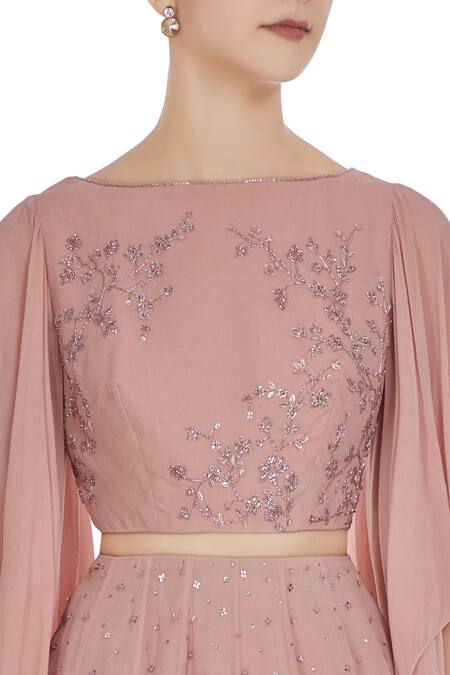 Pooja Peshoria_Pink Georgette Embroidered Draped Sleeves Crop Top With High Waist Pleated Skirt _at_Aza_Fashions