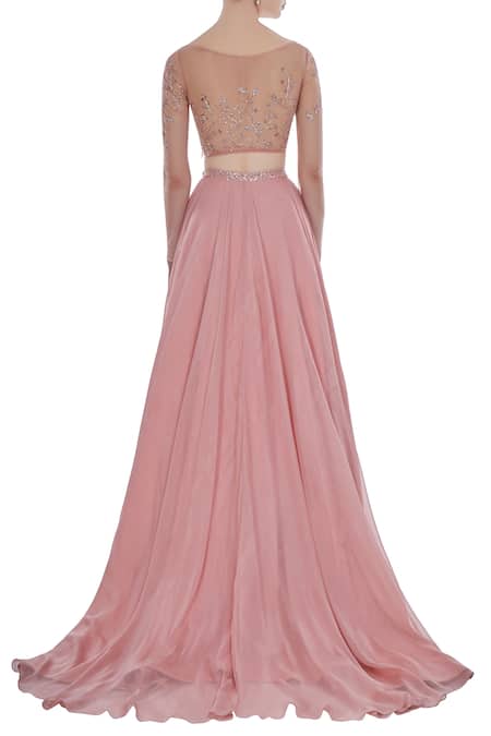 Shop Pooja Peshoria Pink Net Embroidered Floral Round Hand Swarovski And Cutdana Lehenga Set at Aza Fashions Shop_Pooja Peshoria_Pink Net Embroidered Floral Round Hand Swarovski And Cutdana Lehenga Set _at_Aza_Fashions