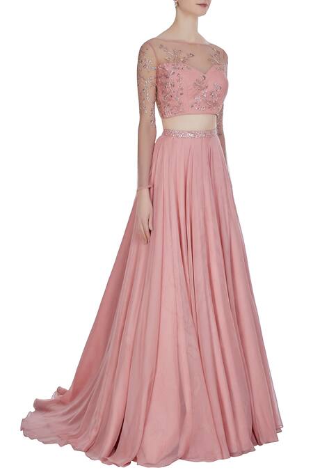 Pooja Peshoria Pink Net Embroidered Floral Round Hand Swarovski And Cutdana Lehenga Set Online at Aza Fashions Pooja Peshoria_Pink Net Embroidered Floral Round Hand Swarovski And Cutdana Lehenga Set _Online_at_Aza_Fashions