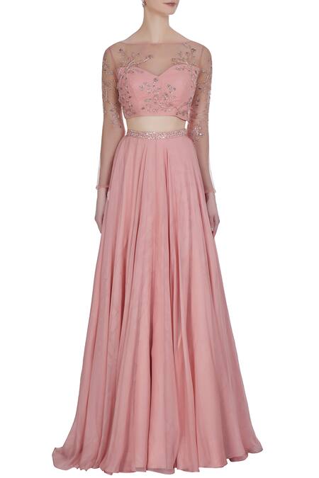 Shop Pooja Peshoria Pink Net Embroidered Floral Round Hand Swarovski And Cutdana Lehenga Set Online at Aza Fashions Shop_Pooja Peshoria_Pink Net Embroidered Floral Round Hand Swarovski And Cutdana Lehenga Set _Online_at_Aza_Fashions