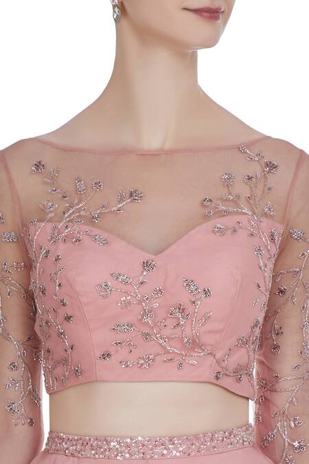 Pooja Peshoria Pink Net Embroidered Floral Round Hand Swarovski And Cutdana Lehenga Set at Aza Fashions Pooja Peshoria_Pink Net Embroidered Floral Round Hand Swarovski And Cutdana Lehenga Set _at_Aza_Fashions