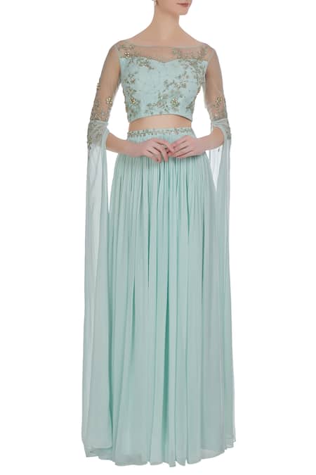 Pooja Peshoria Blue Georgette Embroidered Hand Cutdana And Sequin Cape Sleeve Blouse & Lehenga