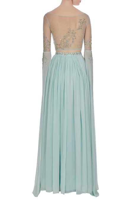 Shop Pooja Peshoria Blue Net, Georgette, Hand Embroidered Cutdana And Cape Sleeve Blouse & Lehenga at Aza Fashions Shop_Pooja Peshoria_Blue Net, Georgette, Hand Embroidered Cutdana And Cape Sleeve Blouse & Lehenga_at_Aza_Fashions