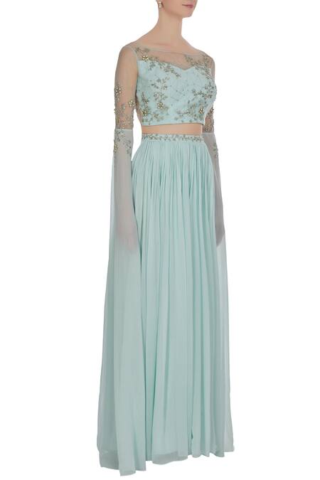 Pooja Peshoria Blue Net, Georgette, Hand Embroidered Cutdana And Cape Sleeve Blouse & Lehenga Online at Aza Fashions Pooja Peshoria_Blue Net, Georgette, Hand Embroidered Cutdana And Cape Sleeve Blouse & Lehenga_Online_at_Aza_Fashions