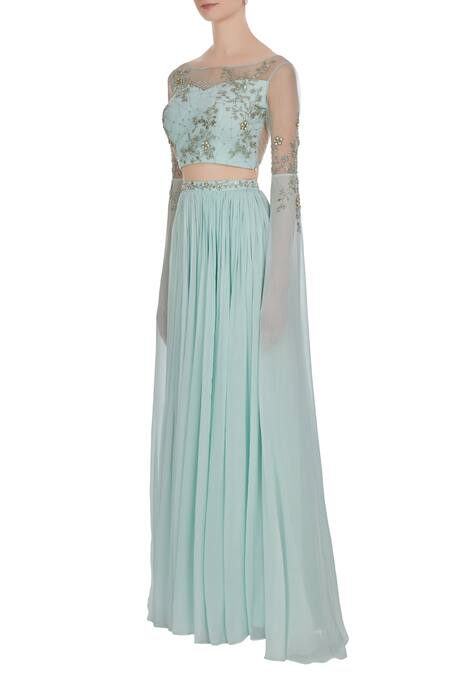 Buy Pooja Peshoria Blue Net, Georgette, Hand Embroidered Cutdana And Cape Sleeve Blouse & Lehenga Online at Aza Fashions Buy_Pooja Peshoria_Blue Net, Georgette, Hand Embroidered Cutdana And Cape Sleeve Blouse & Lehenga_Online_at_Aza_Fashions