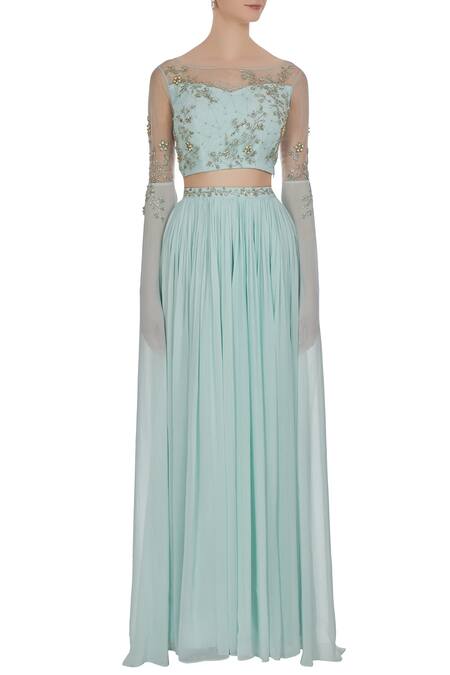 Shop Pooja Peshoria Blue Net, Georgette, Hand Embroidered Cutdana And Cape Sleeve Blouse & Lehenga Online at Aza Fashions Shop_Pooja Peshoria_Blue Net, Georgette, Hand Embroidered Cutdana And Cape Sleeve Blouse & Lehenga_Online_at_Aza_Fashions