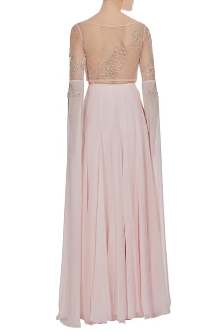 Shop Pooja Peshoria Pink Net, Georgette, Hand Embroidered Cutdana And Cape Sleeve Blouse & Lehenga at Aza Fashions Shop_Pooja Peshoria_Pink Net, Georgette, Hand Embroidered Cutdana And Cape Sleeve Blouse & Lehenga_at_Aza_Fashions