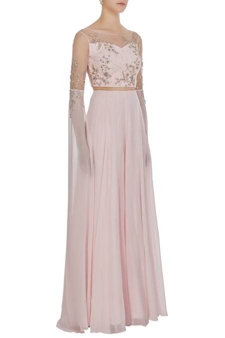 Pooja Peshoria Pink Net, Georgette, Hand Embroidered Cutdana And Cape Sleeve Blouse & Lehenga Online at Aza Fashions Pooja Peshoria_Pink Net, Georgette, Hand Embroidered Cutdana And Cape Sleeve Blouse & Lehenga_Online_at_Aza_Fashions
