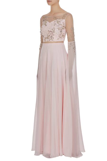 Buy Pooja Peshoria Pink Net, Georgette, Hand Embroidered Cutdana And Cape Sleeve Blouse & Lehenga Online at Aza Fashions Buy_Pooja Peshoria_Pink Net, Georgette, Hand Embroidered Cutdana And Cape Sleeve Blouse & Lehenga_Online_at_Aza_Fashions