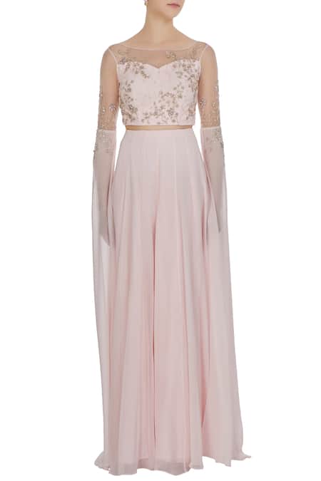 Shop Pooja Peshoria Pink Net, Georgette, Hand Embroidered Cutdana And Cape Sleeve Blouse & Lehenga Online at Aza Fashions Shop_Pooja Peshoria_Pink Net, Georgette, Hand Embroidered Cutdana And Cape Sleeve Blouse & Lehenga_Online_at_Aza_Fashions