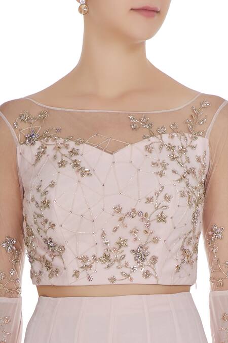 Pooja Peshoria Pink Net, Georgette, Hand Embroidered Cutdana And Cape Sleeve Blouse & Lehenga at Aza Fashions Pooja Peshoria_Pink Net, Georgette, Hand Embroidered Cutdana And Cape Sleeve Blouse & Lehenga_at_Aza_Fashions