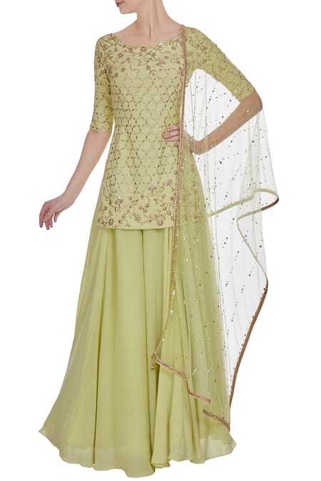 Pooja Peshoria Green Crepe Silk And Net Hand Embroidered Dabka & Pearl Kurta Set