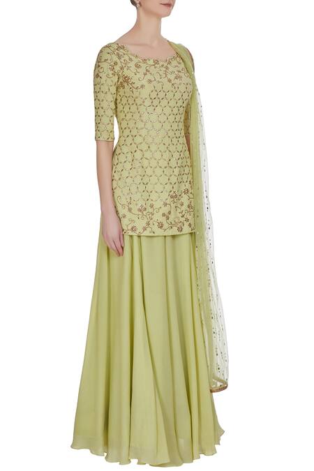 Pooja Peshoria Green Crepe Silk And Net Hand Embroidered Dabka & Pearl Kurta Set Online at Aza Fashions Pooja Peshoria_Green Crepe Silk And Net Hand Embroidered Dabka & Pearl Kurta Set _Online_at_Aza_Fashions