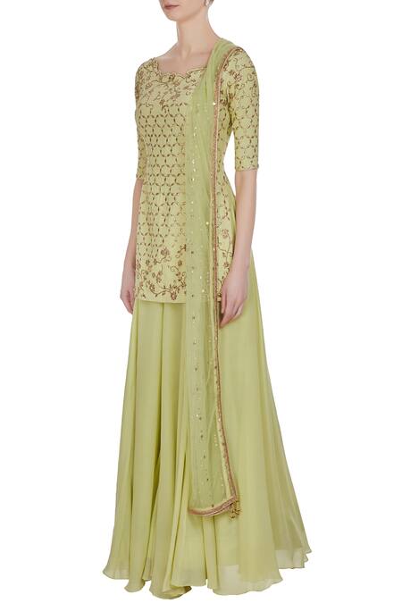 Buy Pooja Peshoria Green Crepe Silk And Net Hand Embroidered Dabka & Pearl Kurta Set Online at Aza Fashions Buy_Pooja Peshoria_Green Crepe Silk And Net Hand Embroidered Dabka & Pearl Kurta Set _Online_at_Aza_Fashions