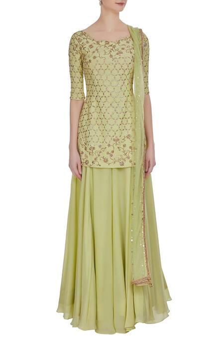 Shop Pooja Peshoria Green Crepe Silk And Net Hand Embroidered Dabka & Pearl Kurta Set Online at Aza Fashions Shop_Pooja Peshoria_Green Crepe Silk And Net Hand Embroidered Dabka & Pearl Kurta Set _Online_at_Aza_Fashions