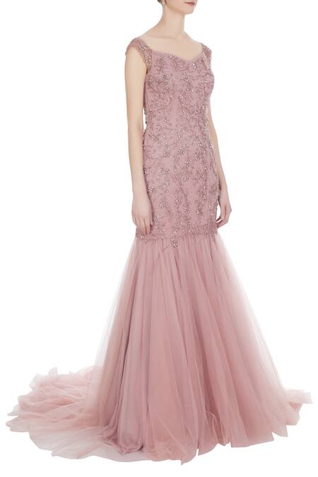 Pooja Peshoria Pink Hand Embroidered Sequin Mermaid Gown With Cancan Underlayer Online at Aza Fashions Pooja Peshoria_Pink Hand Embroidered Sequin Mermaid Gown With Cancan Underlayer _Online_at_Aza_Fashions